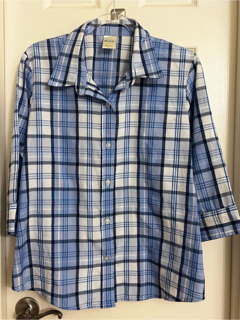 Blair Blue and White Plaid Button-Front Women's Blouse